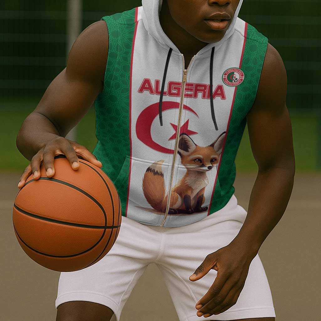 Custom Algeria Football Sleeveless Zip Hoodie Fennec Foxes With Islamic Pattern - African Pride