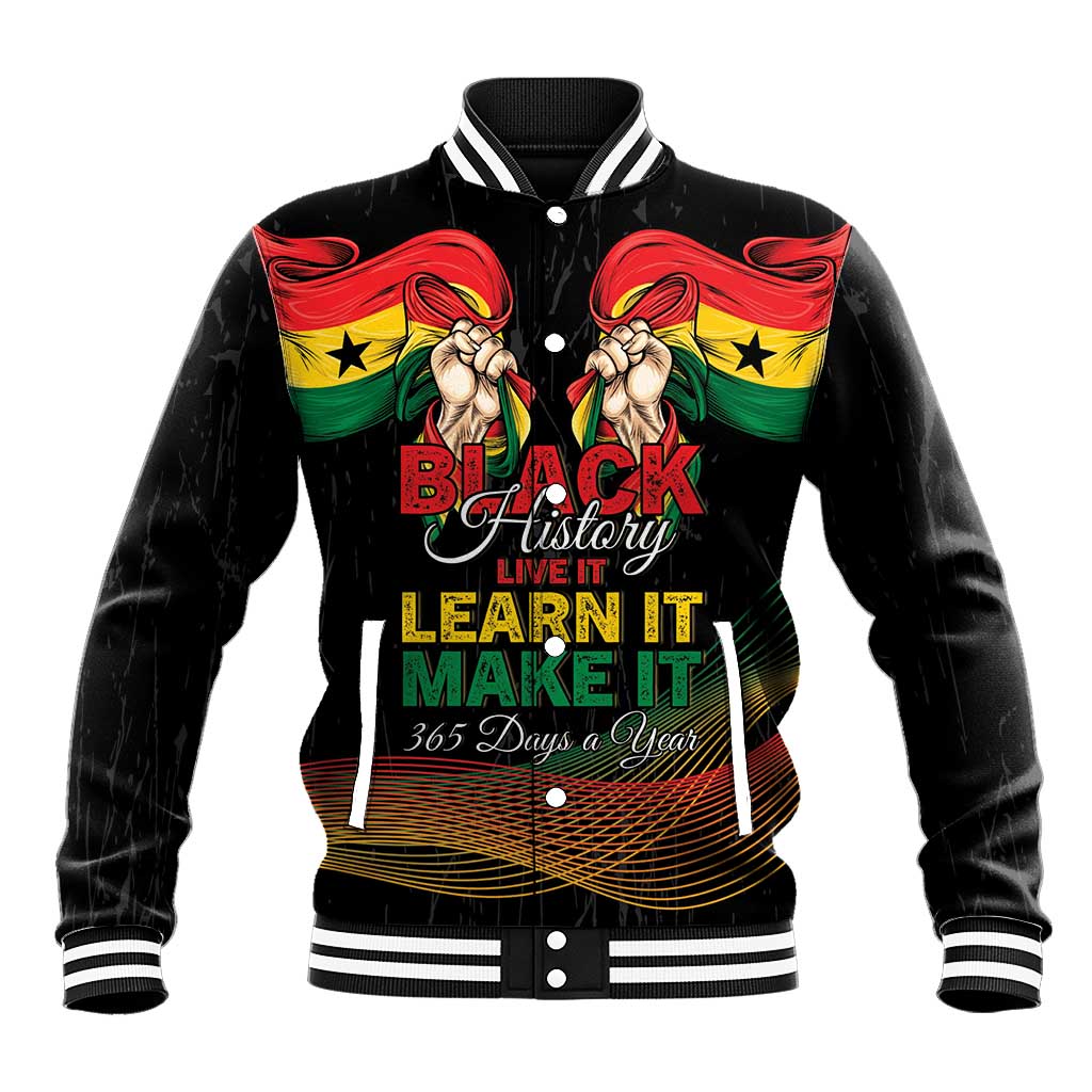 Personalized Ghana Black History Month Baseball Jacket Live It Learn It Make It - African Pride