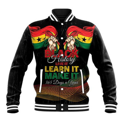 Personalized Ghana Black History Month Baseball Jacket Live It Learn It Make It - African Pride