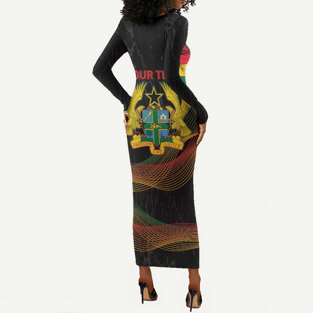 Personalized Ghana Black History Month Long Sleeve Bodycon Dress Live It Learn It Make It - African Pride