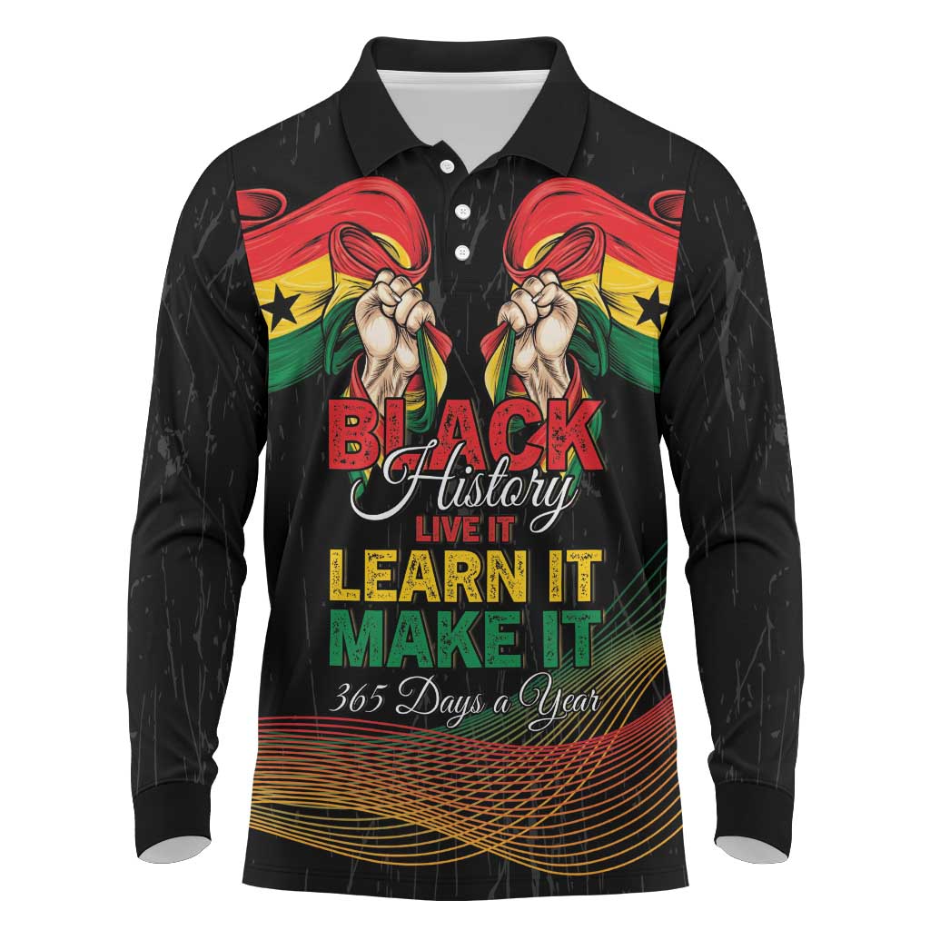 Personalized Ghana Black History Month Long Sleeve Polo Shirt Live It Learn It Make It - African Pride