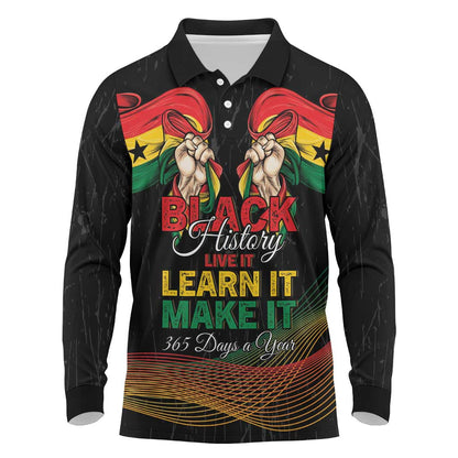 Personalized Ghana Black History Month Long Sleeve Polo Shirt Live It Learn It Make It - African Pride
