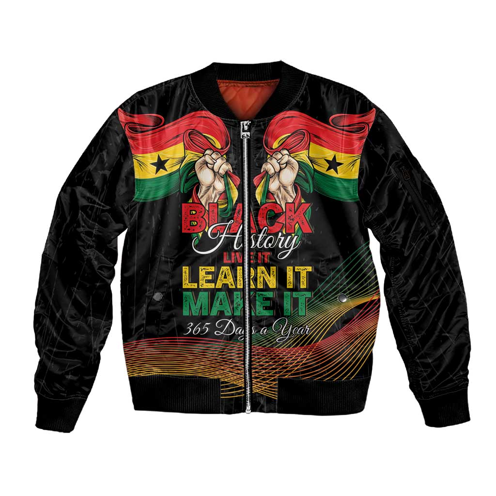 Personalized Ghana Black History Month Sleeve Zip Bomber Jacket Live It Learn It Make It - African Pride