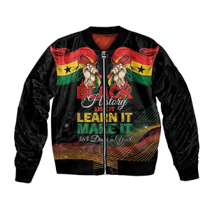 Personalized Ghana Black History Month Sleeve Zip Bomber Jacket Live It Learn It Make It - African Pride
