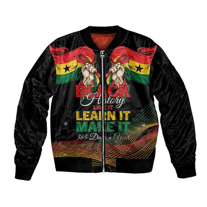 Personalized Ghana Black History Month Sleeve Zip Bomber Jacket Live It Learn It Make It - African Pride