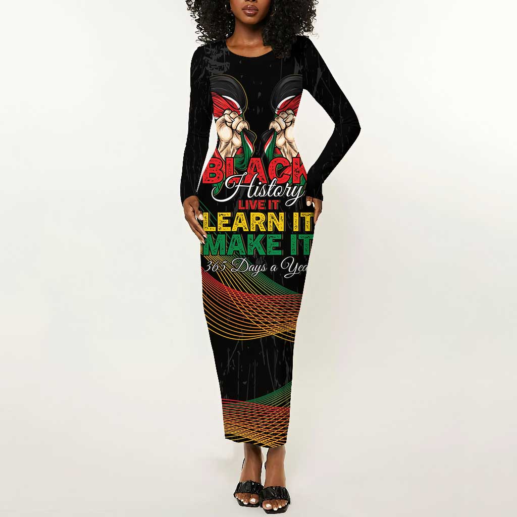 Personalized Kenya Black History Month Long Sleeve Bodycon Dress Live It Learn It Make It - African Pride