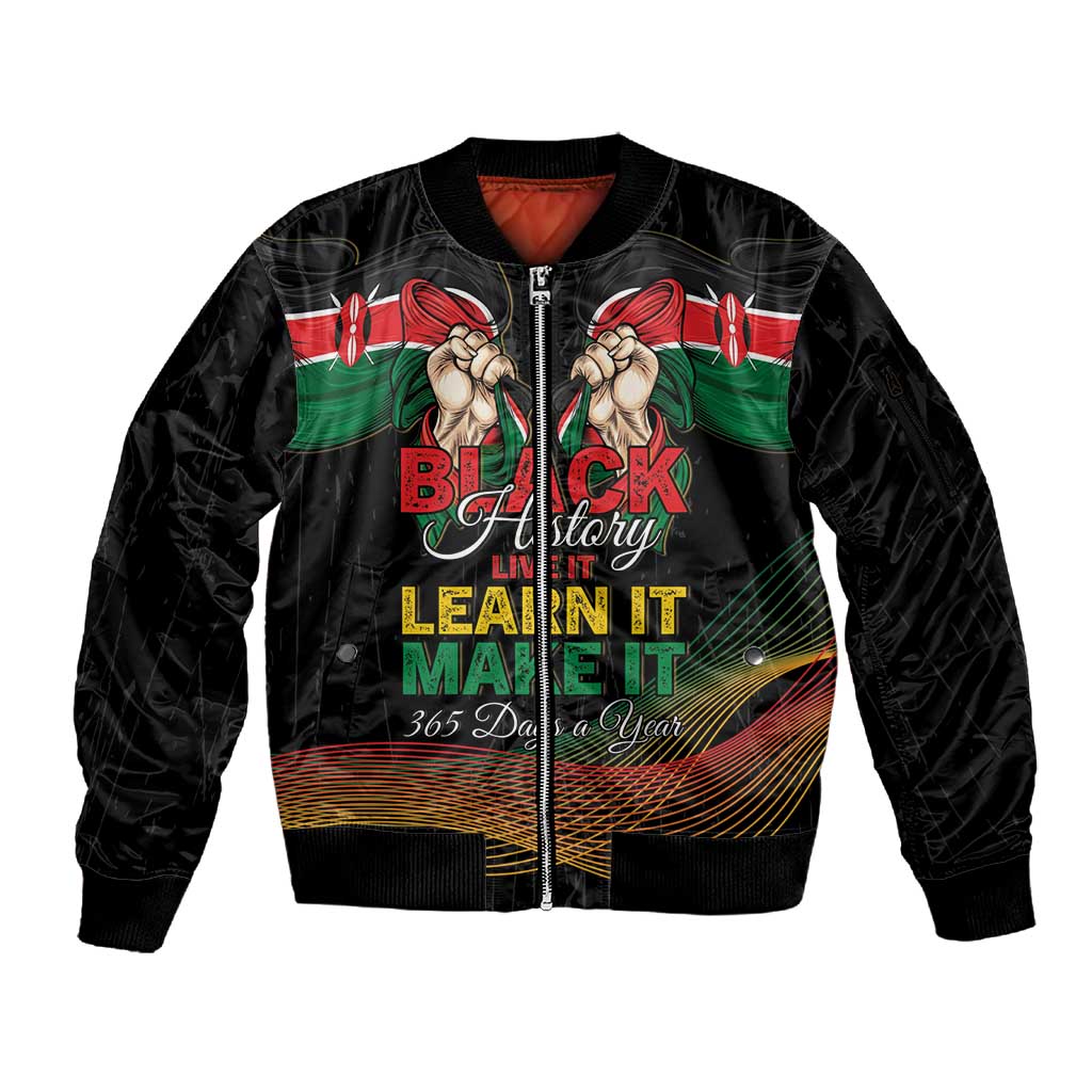 Personalized Kenya Black History Month Sleeve Zip Bomber Jacket Live It Learn It Make It - African Pride