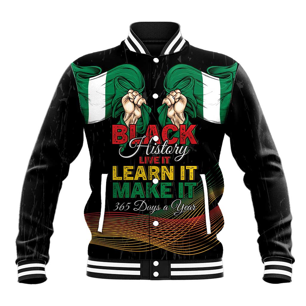 Personalized Nigeria Black History Month Baseball Jacket Live It Learn It Make It - African Pride