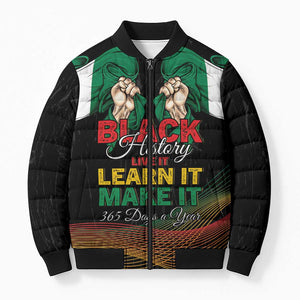 Personalized Nigeria Black History Month Bomber Puffer Jacket Live It Learn It Make It - African Pride