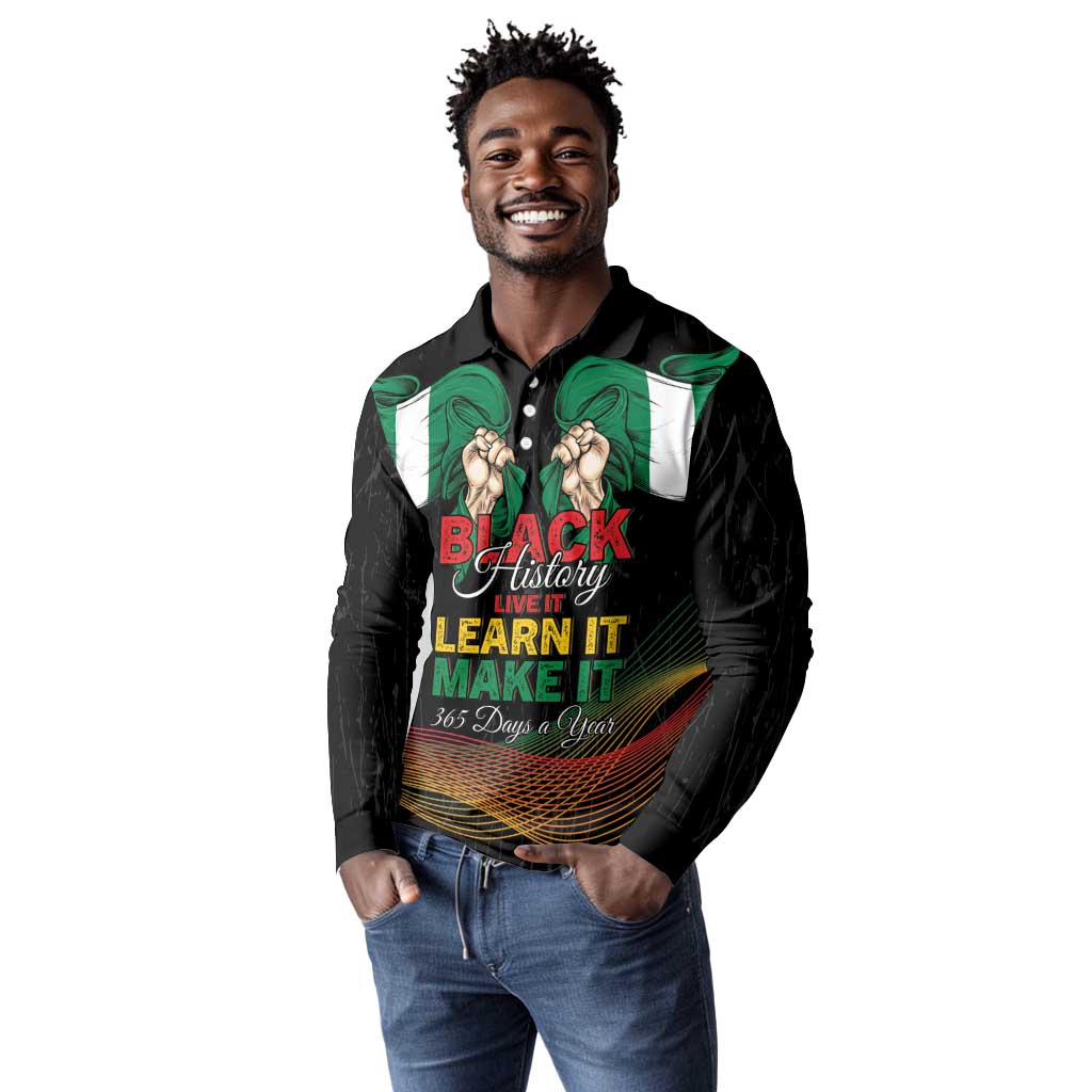Personalized Nigeria Black History Month Long Sleeve Polo Shirt Live It Learn It Make It - African Pride