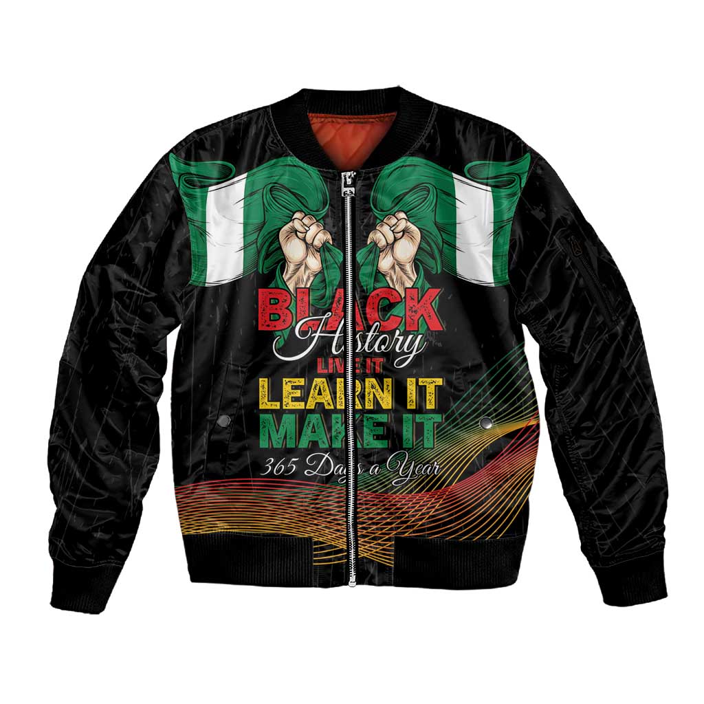 Personalized Nigeria Black History Month Sleeve Zip Bomber Jacket Live It Learn It Make It - African Pride
