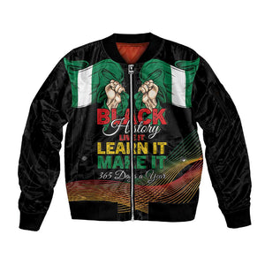 Personalized Nigeria Black History Month Sleeve Zip Bomber Jacket Live It Learn It Make It - African Pride