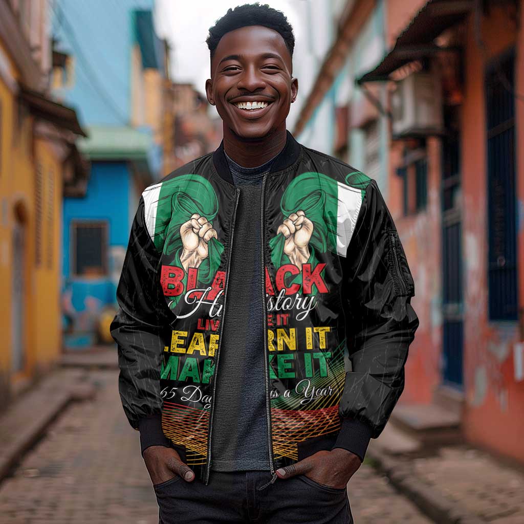 Personalized Nigeria Black History Month Sleeve Zip Bomber Jacket Live It Learn It Make It - African Pride