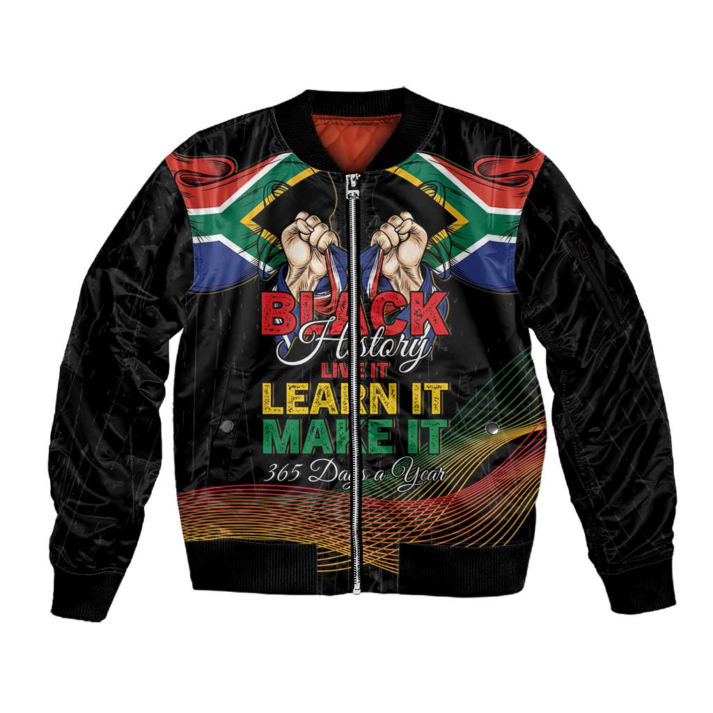 Personalized South Africa Black History Month Sleeve Zip Bomber Jacket Live It Learn It Make It - African Pride