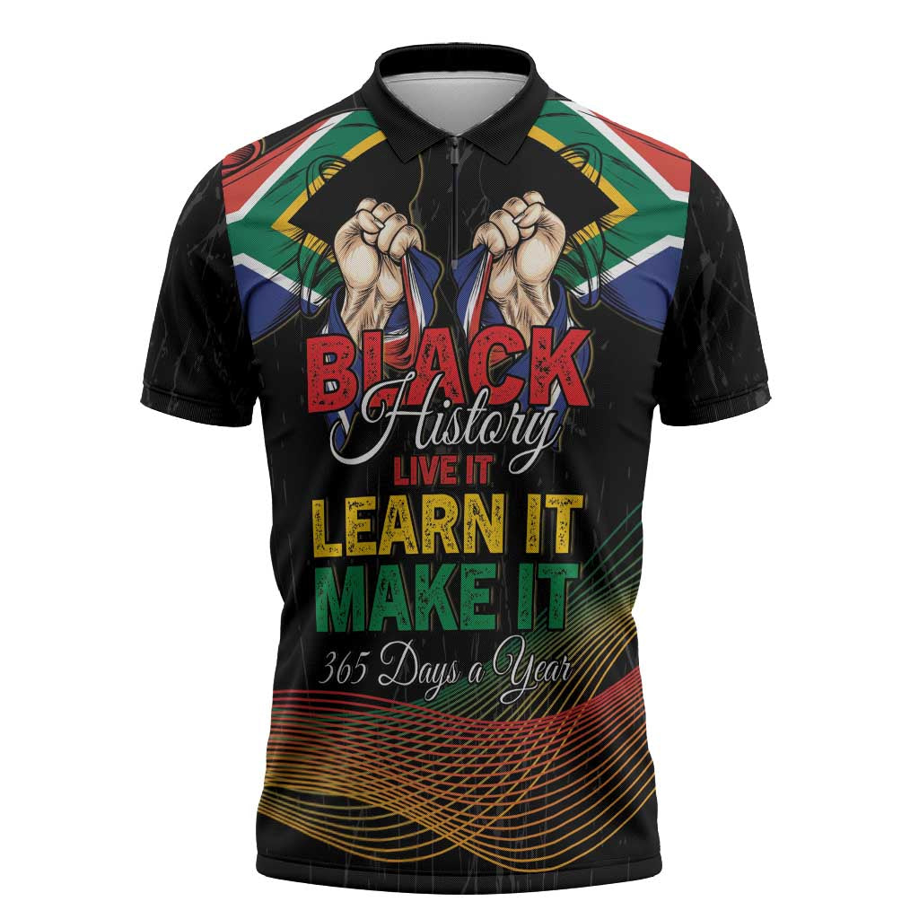 Personalized South Africa Black History Month Zipper Polo Shirt Live It Learn It Make It - African Pride