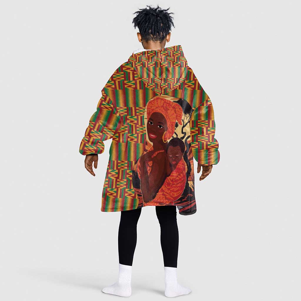 African Happy Mother's Day Kid Wearable Blanket Hoodie Black Mothers Kente Pattern