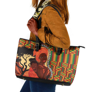 African Happy Mother's Day Leather Tote Bag Black Mothers Kente Pattern