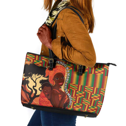 African Happy Mother's Day Leather Tote Bag Black Mothers Kente Pattern