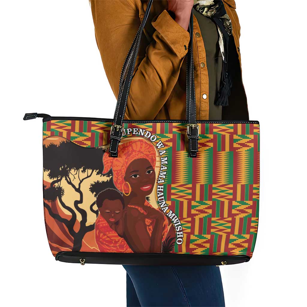 African Happy Mother's Day Leather Tote Bag Black Mothers Kente Pattern