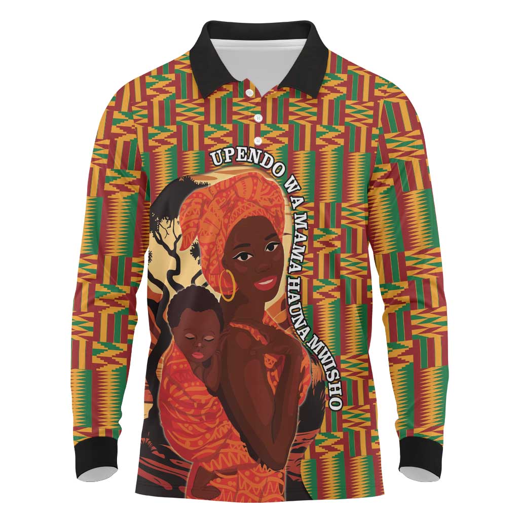 African Happy Mother's Day Long Sleeve Polo Shirt Black Mothers Kente Pattern