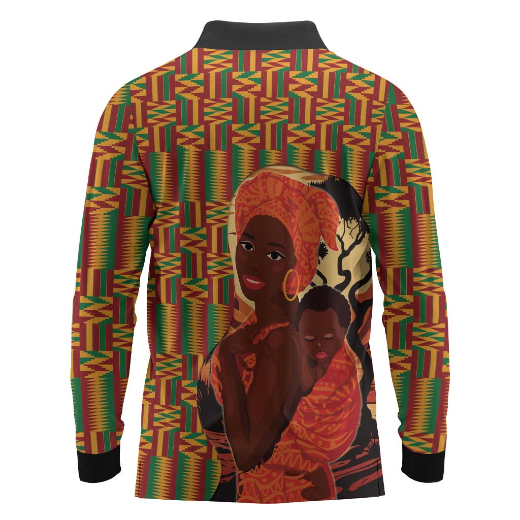 African Happy Mother's Day Long Sleeve Polo Shirt Black Mothers Kente Pattern