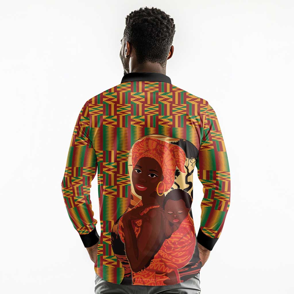 African Happy Mother's Day Long Sleeve Polo Shirt Black Mothers Kente Pattern