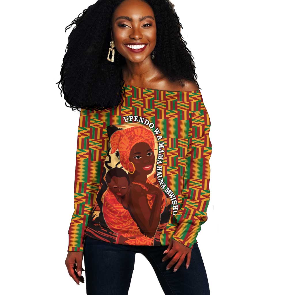 African Happy Mother's Day Off Shoulder Sweater Black Mothers Kente Pattern