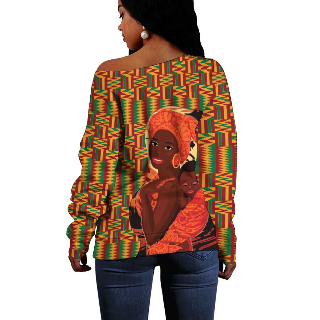 African Happy Mother's Day Off Shoulder Sweater Black Mothers Kente Pattern