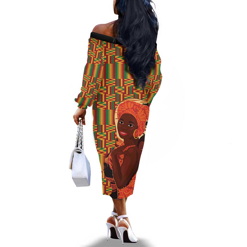 African Happy Mother's Day Off The Shoulder Long Sleeve Dress Black Mothers Kente Pattern
