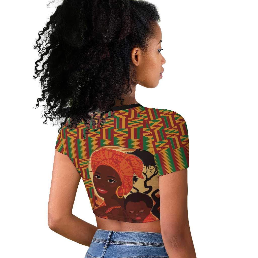 African Happy Mother's Day Raglan Cropped T shirt Black Mothers Kente Pattern