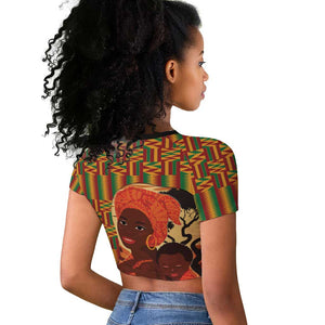 African Happy Mother's Day Raglan Cropped T shirt Black Mothers Kente Pattern