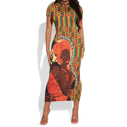 African Happy Mother's Day Short Sleeve Bodycon Dress Black Mothers Kente Pattern LT15