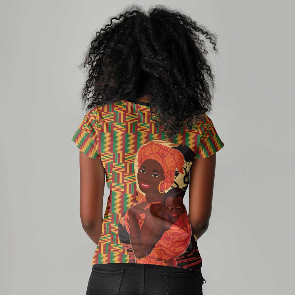 African Happy Mother's Day Women V-Neck T-Shirt Black Mothers Kente Pattern