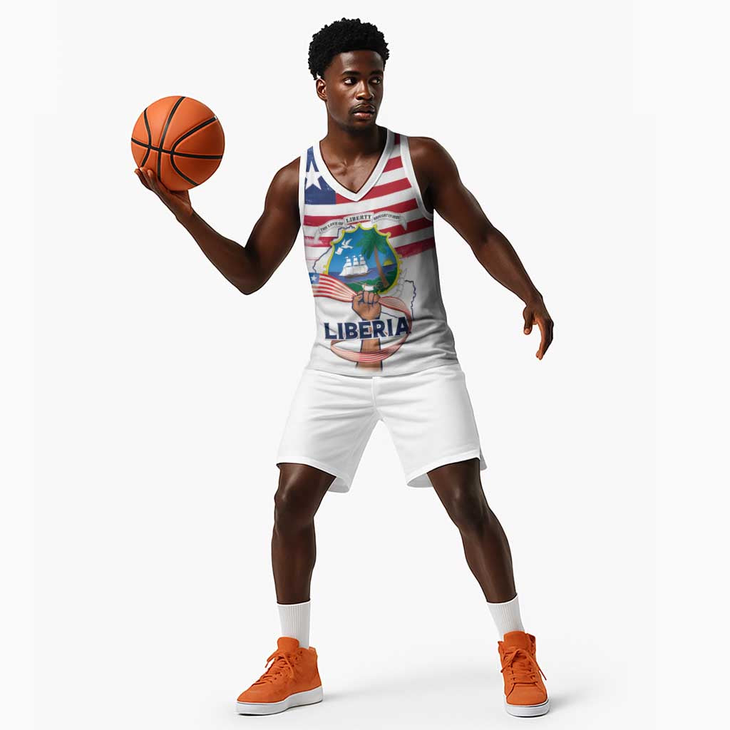 Personalised Liberia Flag Day Basketball Jersey Coat Of Arms With Map - African Pride