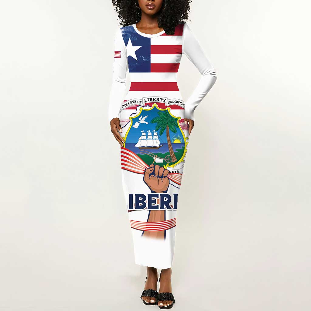 Personalised Liberia Flag Day Long Sleeve Bodycon Dress Coat Of Arms With Map