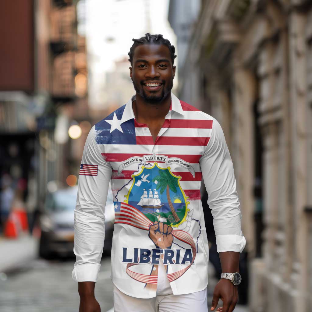 Personalised Liberia Flag Day Long Sleeve Button Shirt Coat Of Arms With Map