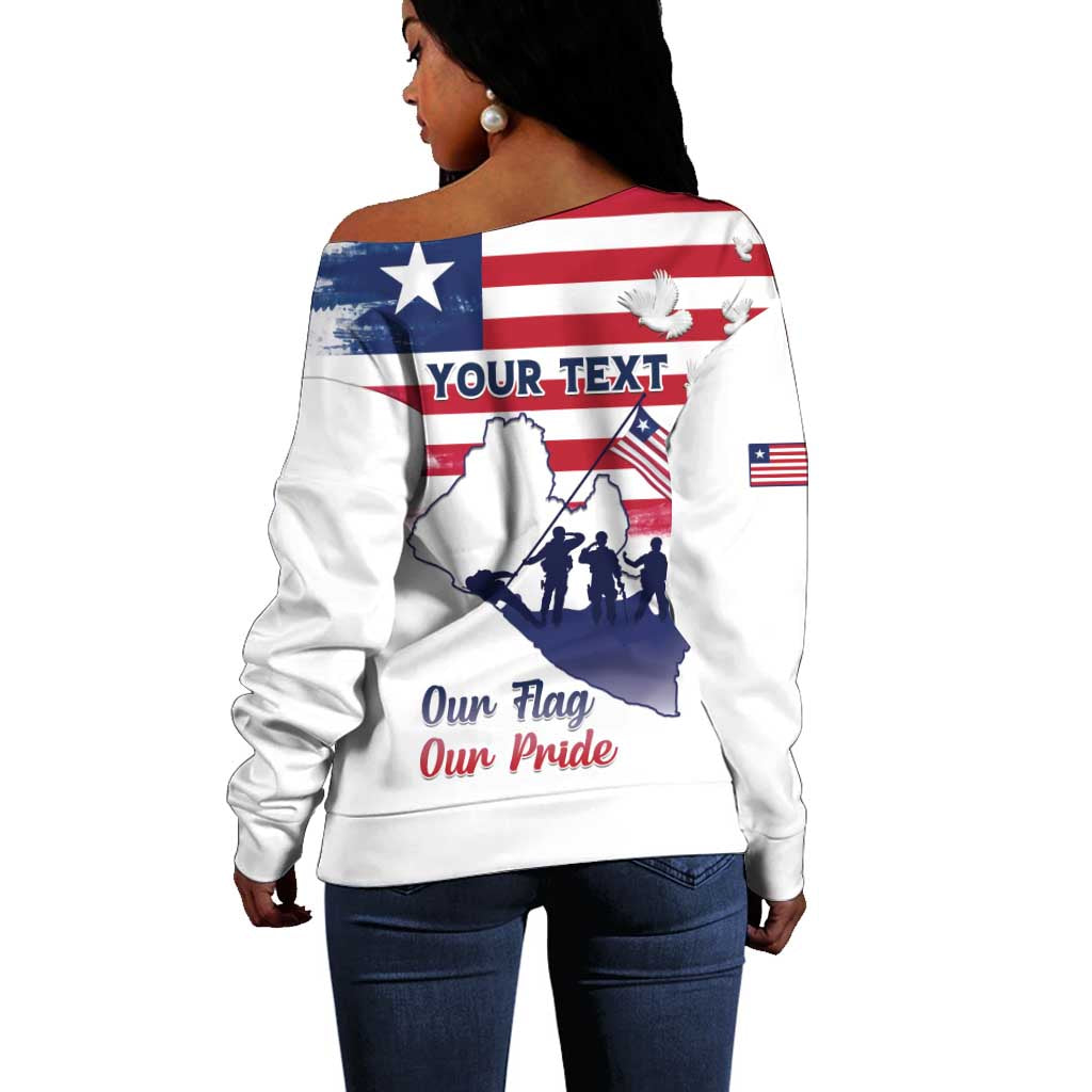 Personalised Liberia Flag Day Off Shoulder Sweater Coat Of Arms With Map