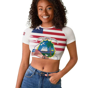 Personalised Liberia Flag Day Raglan Cropped T shirt Coat Of Arms With Map