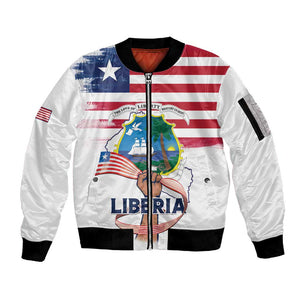 Personalised Liberia Flag Day Sleeve Zip Bomber Jacket Coat Of Arms With Map