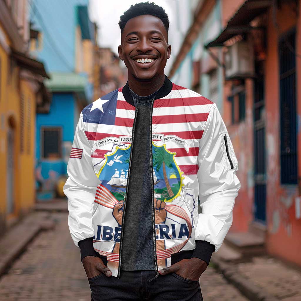 Personalised Liberia Flag Day Sleeve Zip Bomber Jacket Coat Of Arms With Map