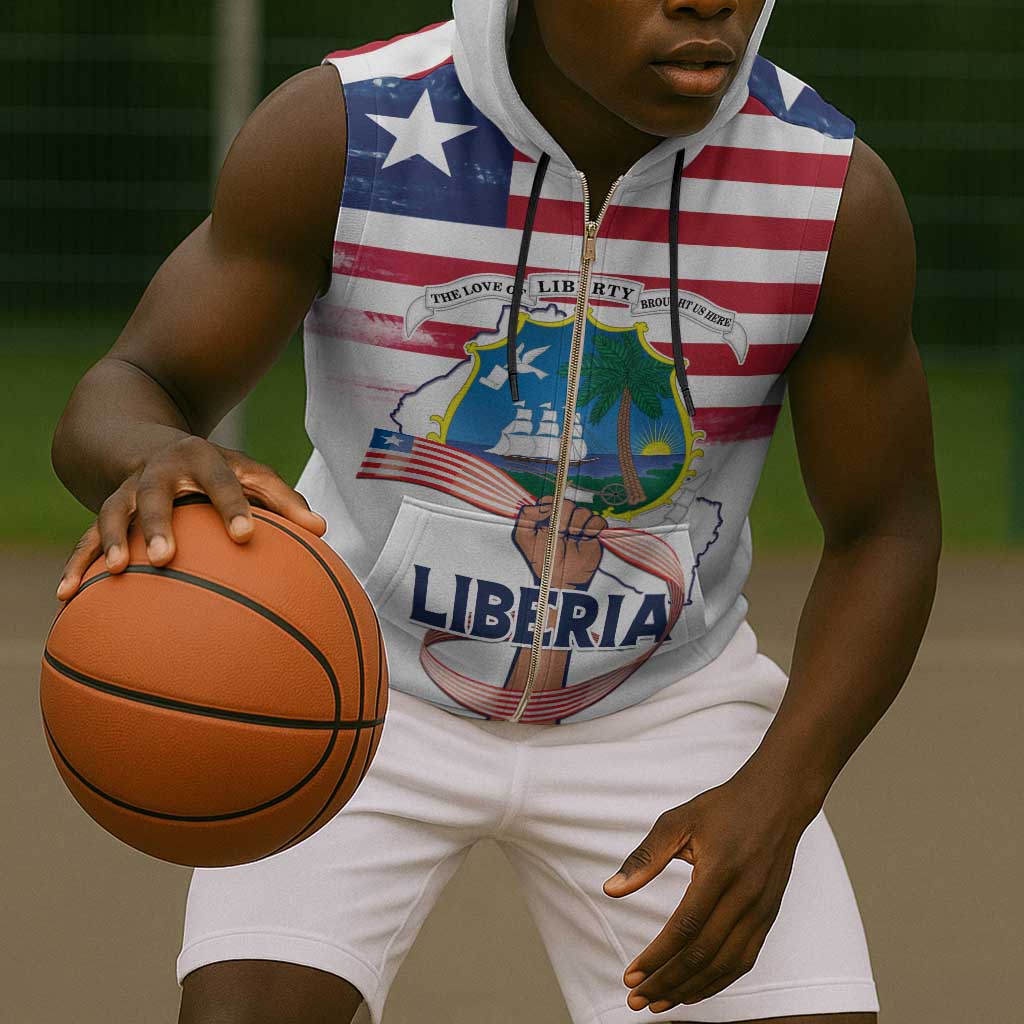 Personalised Liberia Flag Day Sleeveless Zip Hoodie Coat Of Arms With Map - African Pride