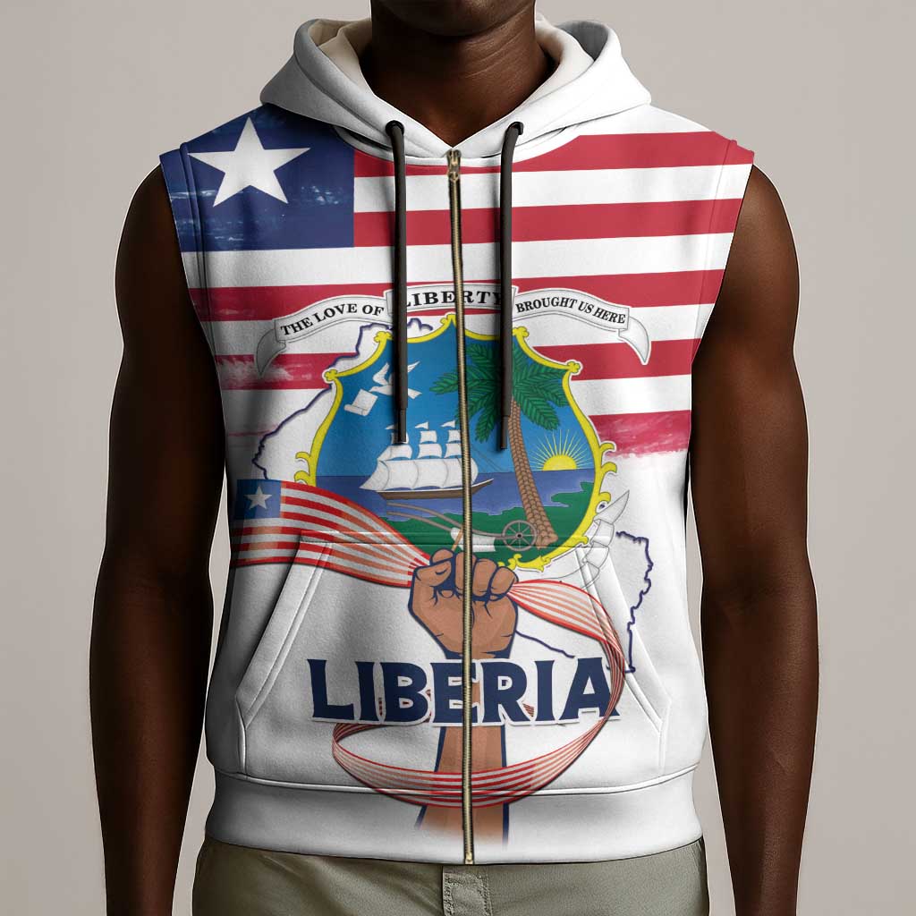 Personalised Liberia Flag Day Sleeveless Zip Hoodie Coat Of Arms With Map - African Pride