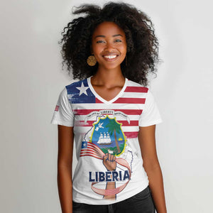 Personalised Liberia Flag Day Women V-Neck T-Shirt Coat Of Arms With Map