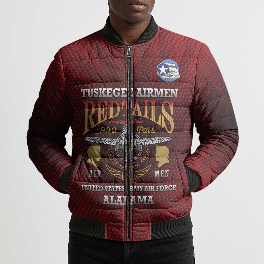 Personalized Red Tails Legacy Bomber Puffer Jacket Tuskegee Airmen WWII Heroes