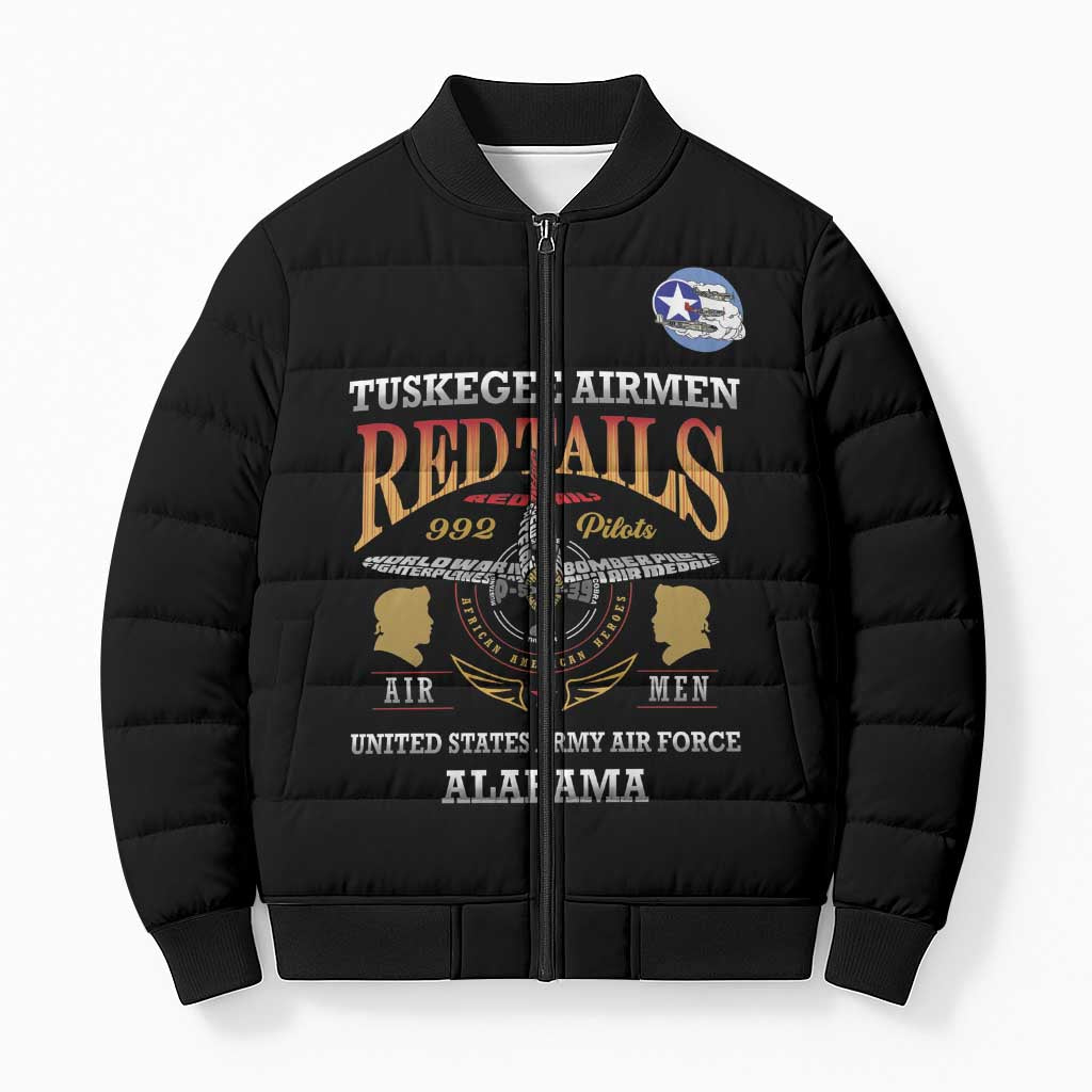Personalized Red Tails Legacy Bomber Puffer Jacket Tuskegee Airmen WWII Heroes - Black Color