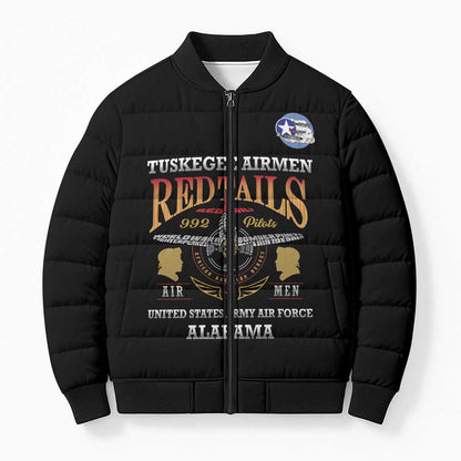 Personalized Red Tails Legacy Bomber Puffer Jacket Tuskegee Airmen WWII Heroes - Black Color