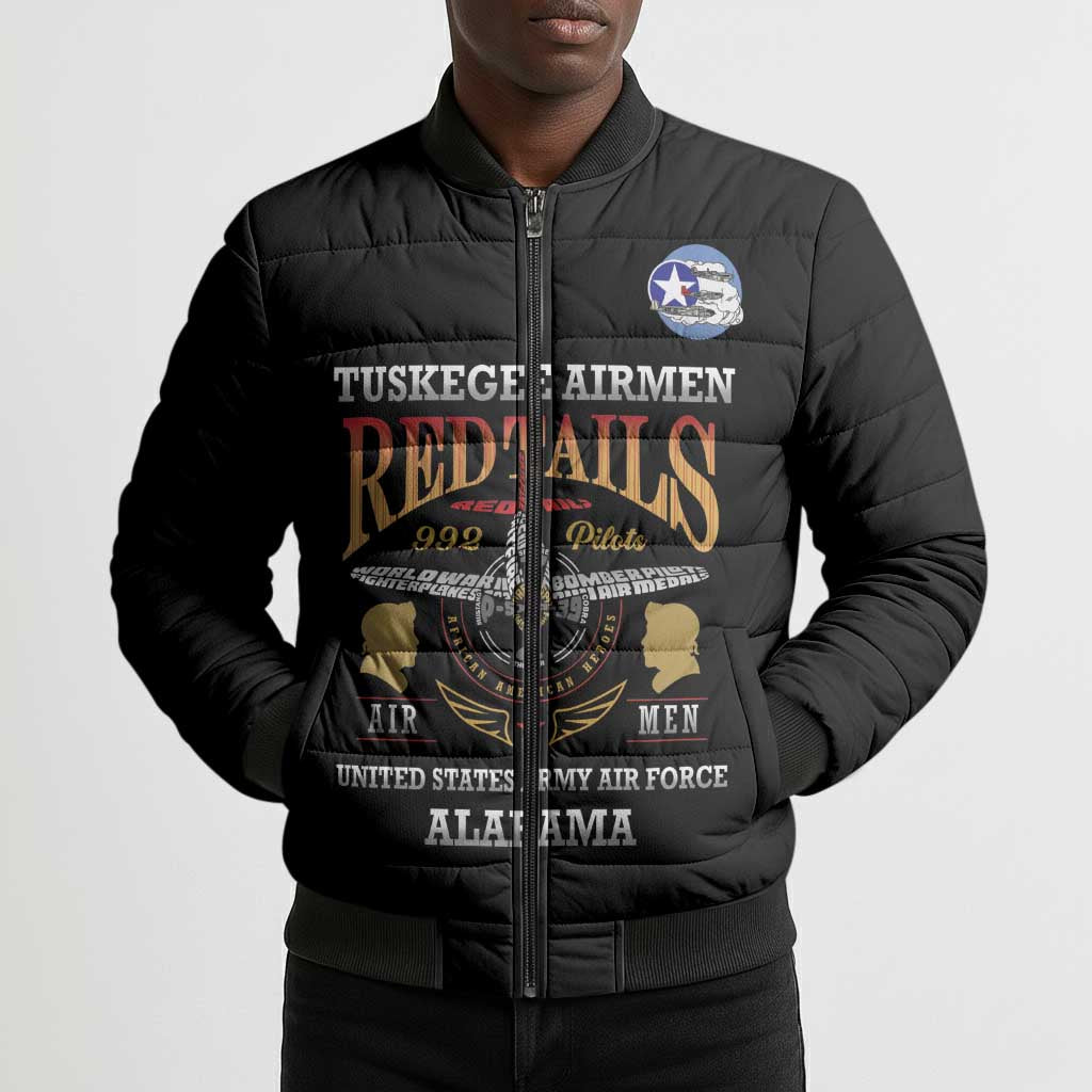 Personalized Red Tails Legacy Bomber Puffer Jacket Tuskegee Airmen WWII Heroes - Black Color