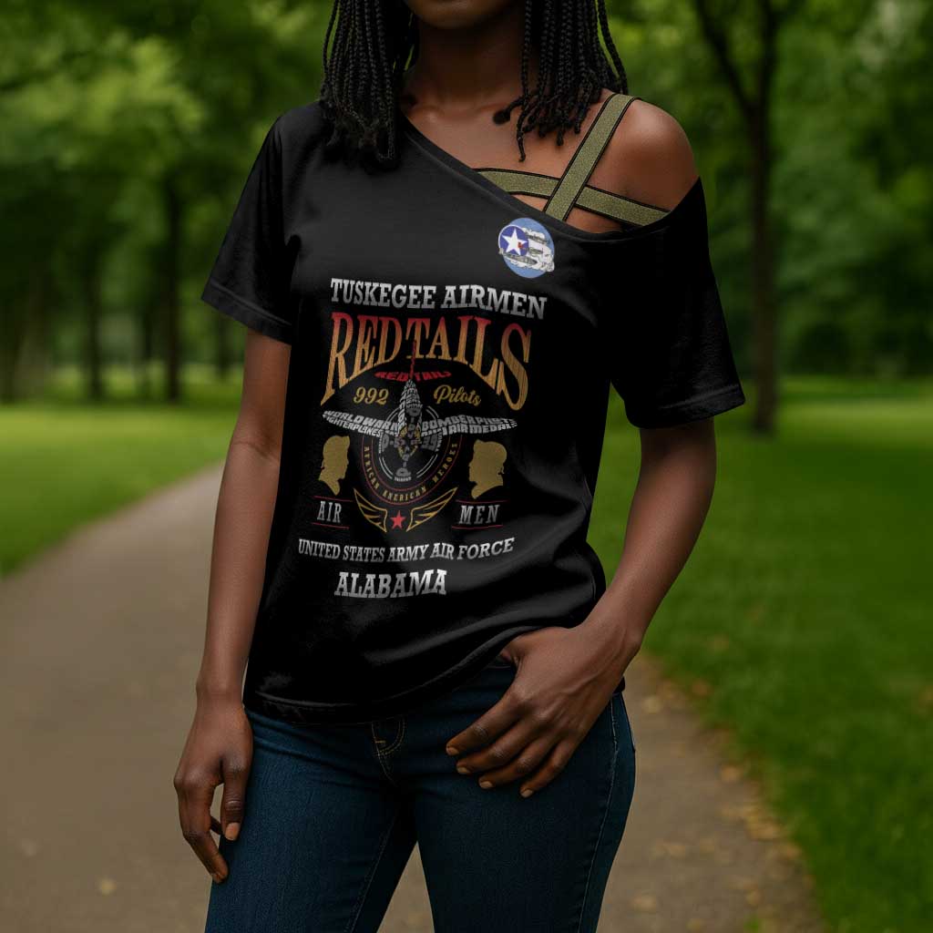 Personalized Red Tails Legacy Cross Shoulder Shirt Tuskegee Airmen WWII Heroes - Black Color