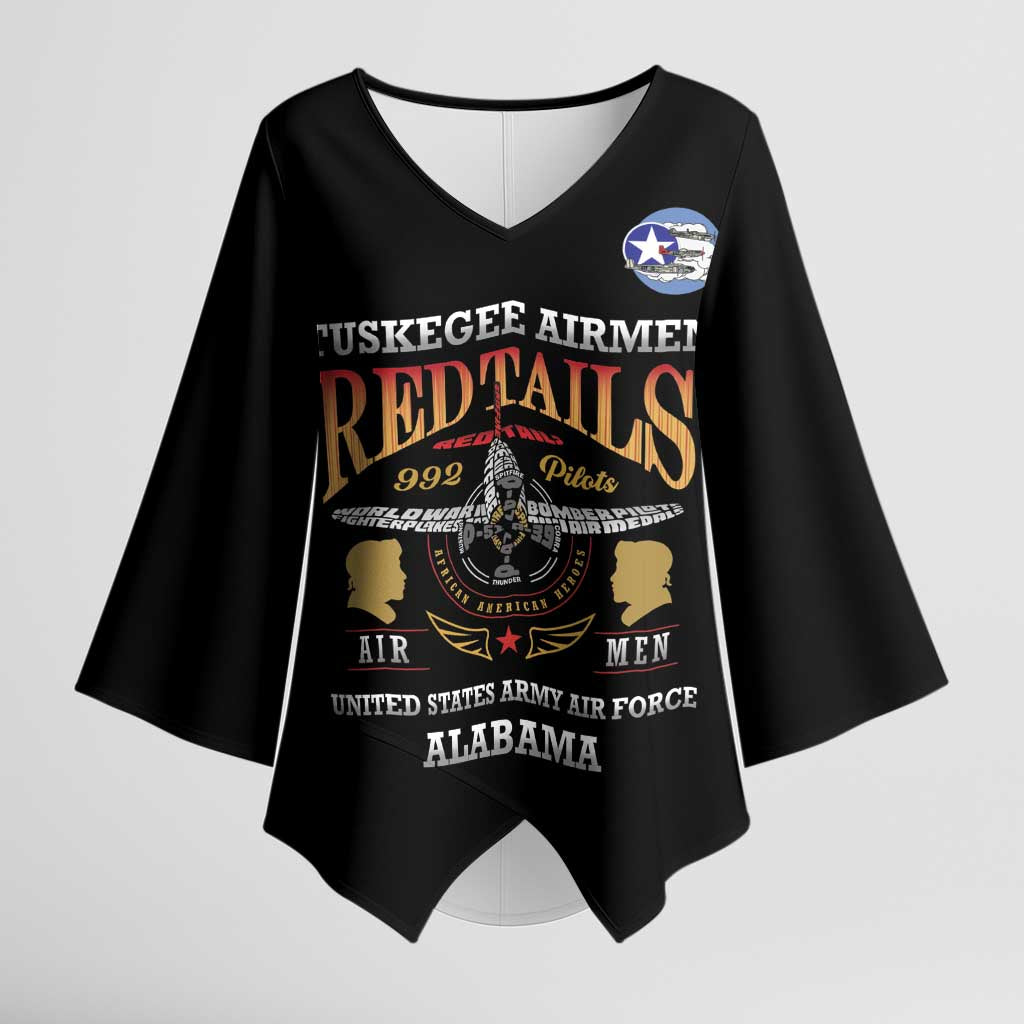 Personalized Red Tails Legacy Kimono Sleeve Blouse Tuskegee Airmen WWII Heroes - Black Color