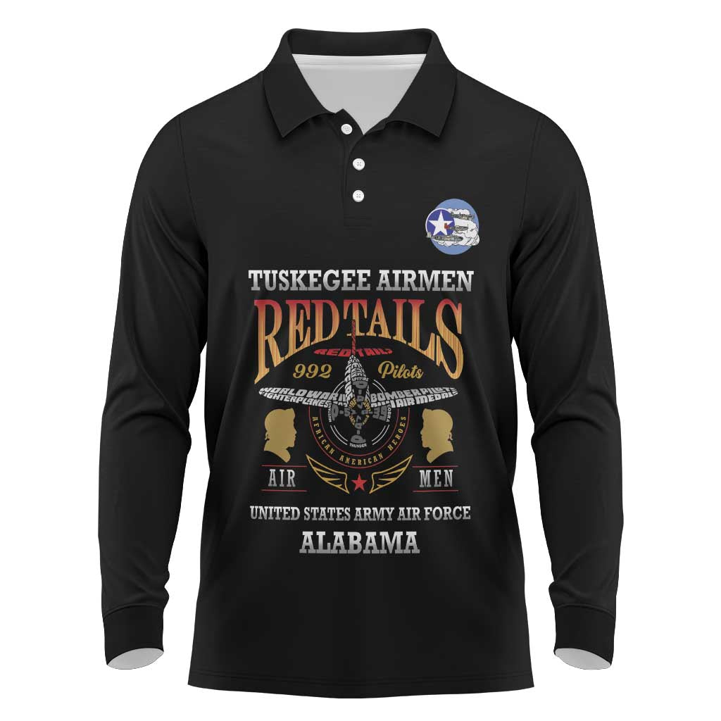 Personalized Red Tails Legacy Long Sleeve Polo Shirt WWII Legacy Tribute - Black Color - African Pride